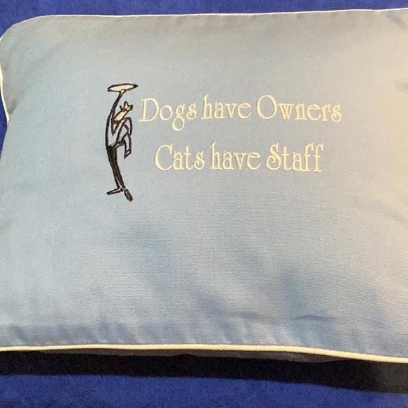 Other - “Cat” pillow trimmed in white with “Dogs have Owners” “Cats have Staff”.